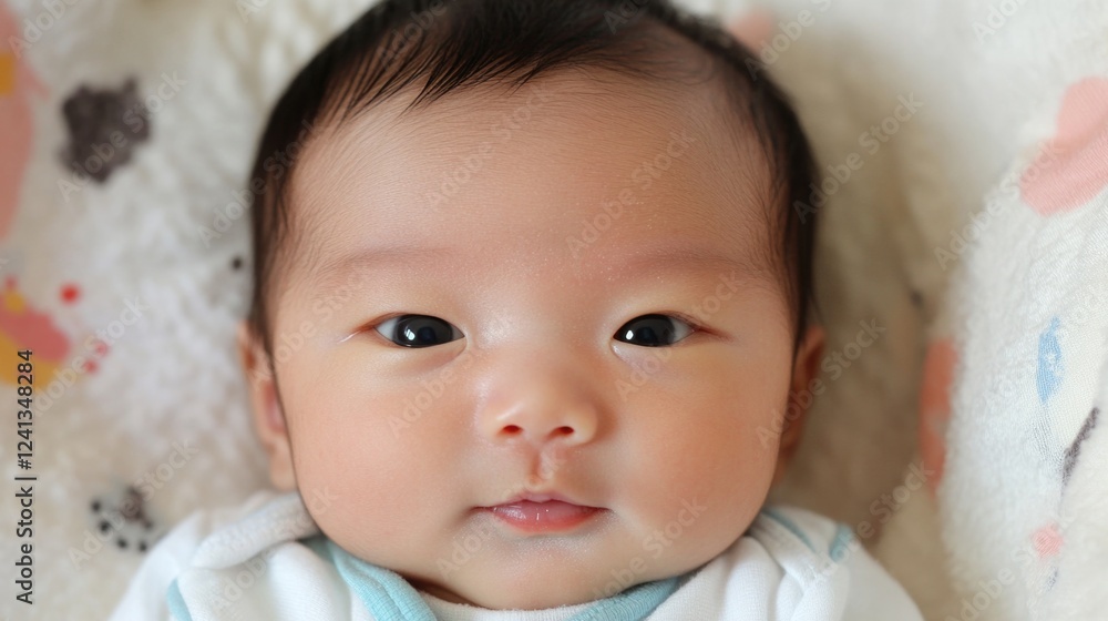 Newborn baby face close-up showcasing delicate features including bright eyes, small nose, and soft lips in gentle natural light on light-colored blanket. Newborn baby face close-up showcasing delicate features including bright eyes, small nose, and soft lips in gentle natural light on light-colored blanket.