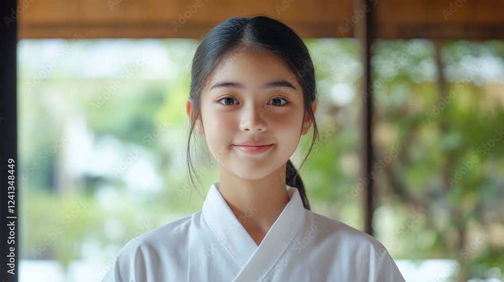 Portrait of happy Thai teenager girl in traditional Japanese student uniform smiling in serene indoor environment with natural light and greenery background Portrait of happy Thai teenager girl in traditional Japanese student uniform smiling in serene indoor environment with natural light and greenery background