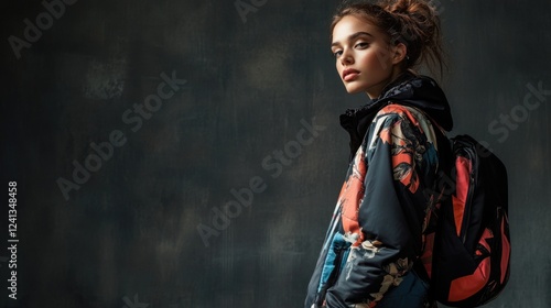 young caucasian female fashion model featuring colorful puffer jacket and black backpack posed against dark grey textured background