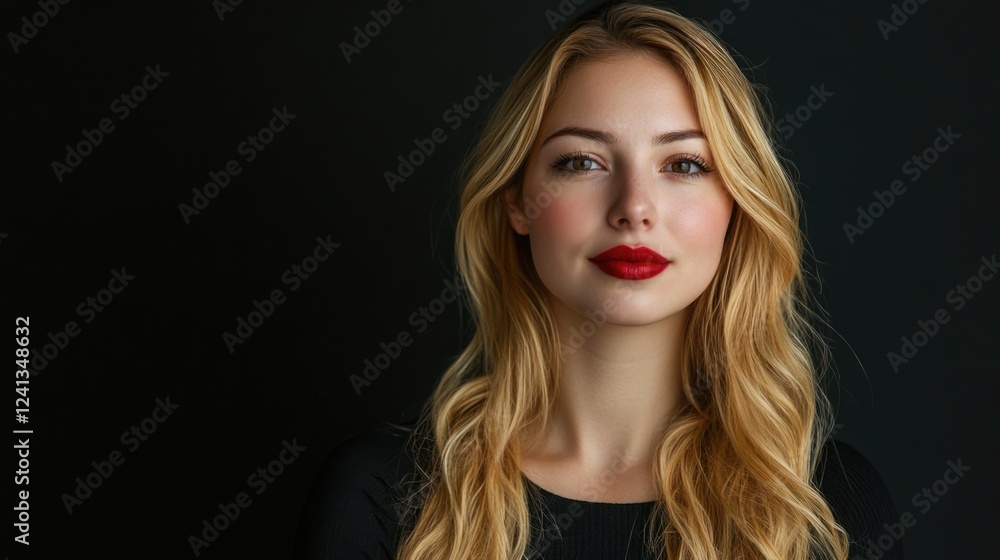 Elegant portrait of young woman with long blonde hair wearing striking red lipstick and a fashionable black dress against a solid black background. Elegant portrait of young woman with long blonde hair wearing striking red lipstick and a fashionable black dress against a solid black background.