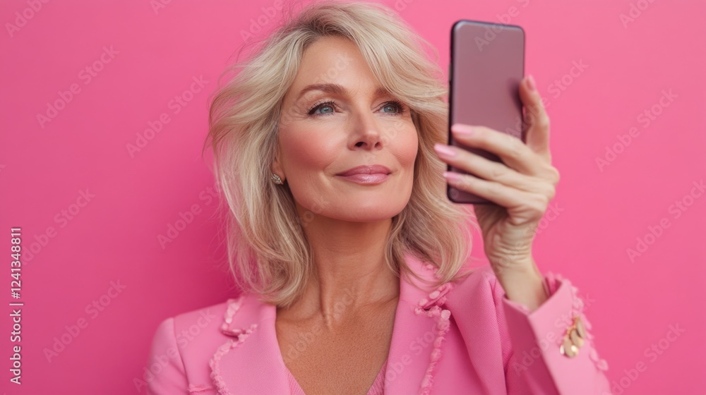 Mature blonde woman wearing pink blazer taking selfie with mobile phone against vibrant pink background showcasing confidence and self-expression Mature blonde woman wearing pink blazer taking selfie with mobile phone against vibrant pink background showcasing confidence and self-expression