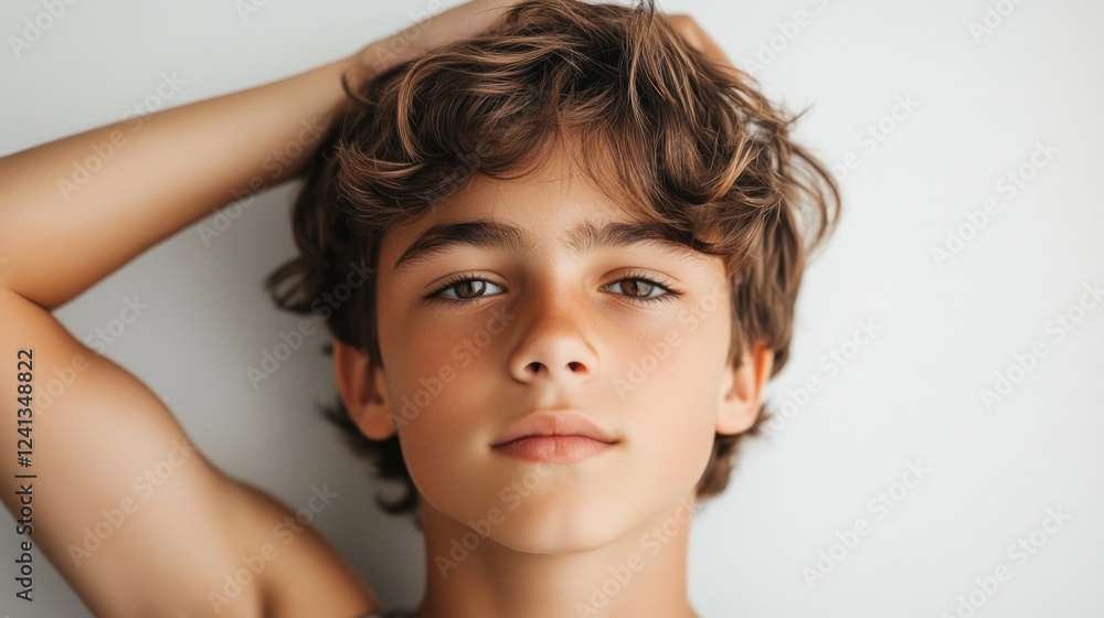 Brunette adolescent boy with expressive eyes and tousled hair posing confidently against a clean white background, exuding athletic charm and charisma. Brunette adolescent boy with expressive eyes and tousled hair posing confidently against a clean white background, exuding athletic charm and charisma.