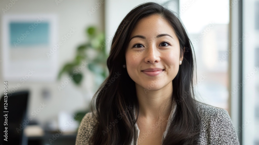 Cheerful Asian female business professional in modern office setting with indoor plants and bright natural light, smiling confidently at camera. Cheerful Asian female business professional in modern office setting with indoor plants and bright natural light, smiling confidently at camera.