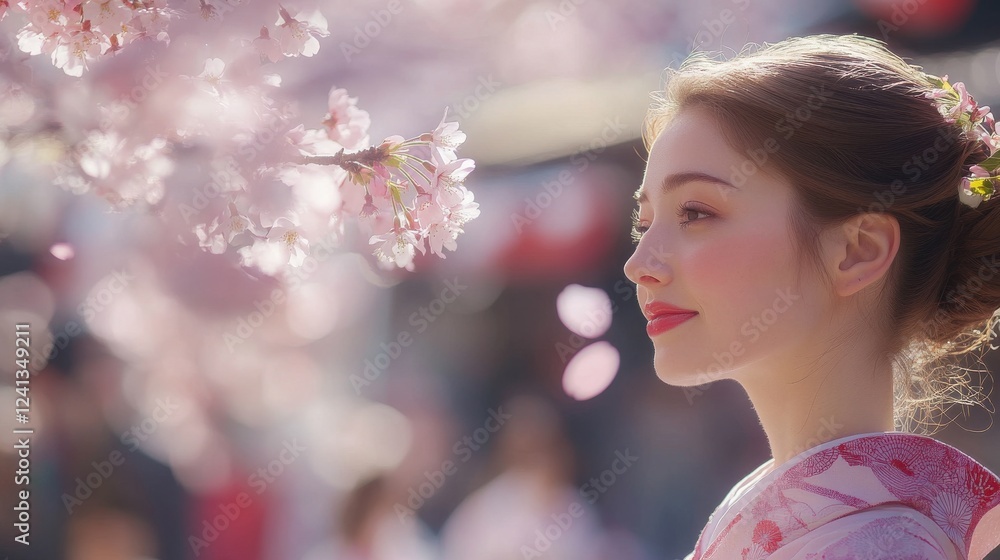 Young woman in kimono admiring cherry blossoms at festival Young woman in kimono admiring cherry blossoms at festival