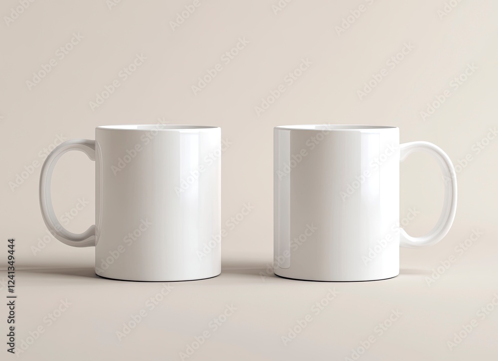 Two white coffee mugs mockup, one on the left and another mug on the right side of the picture, isolated on a background, stock photo. Two white coffee mugs mockup, one on the left and another mug on the right side of the picture, isolated on a background, stock photo.