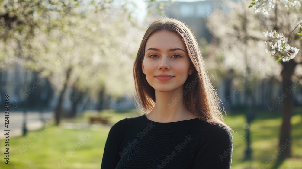 Portrait of a slender Caucasian woman with long brunette hair smiling in a city park during spring, surrounded by blooming trees and bright sunlight. Portrait of a slender Caucasian woman with long brunette hair smiling in a city park during spring, surrounded by blooming trees and bright sunlight.