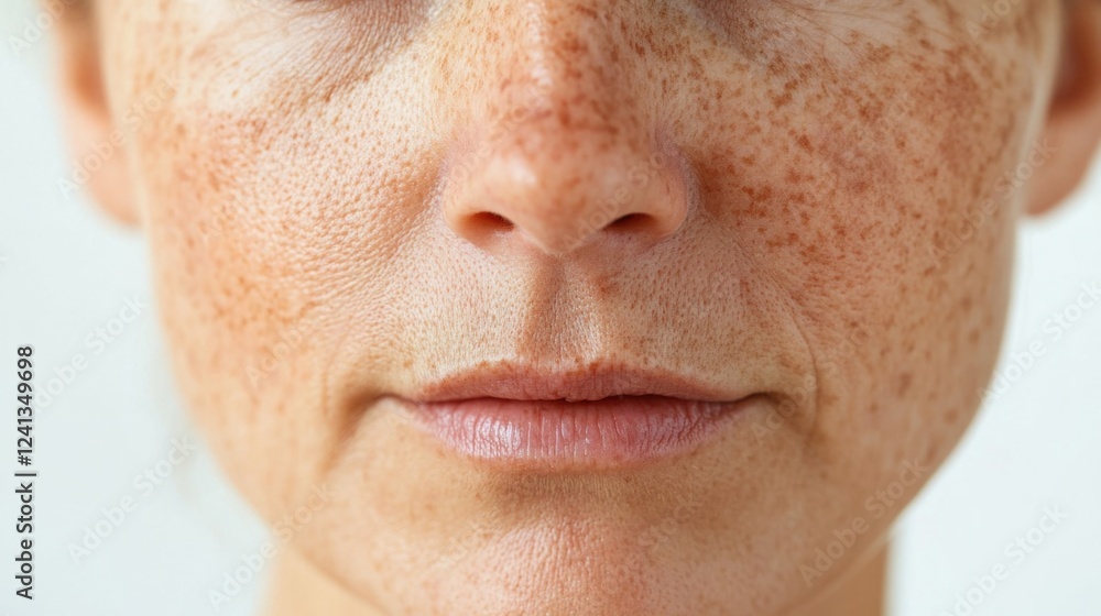 Obraz premium Close-up of middle-aged Caucasian womanâ€™s face showcasing freckles and age spots against a light background, highlighting skin texture and aging.
