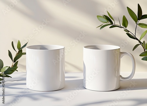 Two white coffee mugs mockup, one on the left and another mug on the right side of the picture, isolated on a background, stock photo.