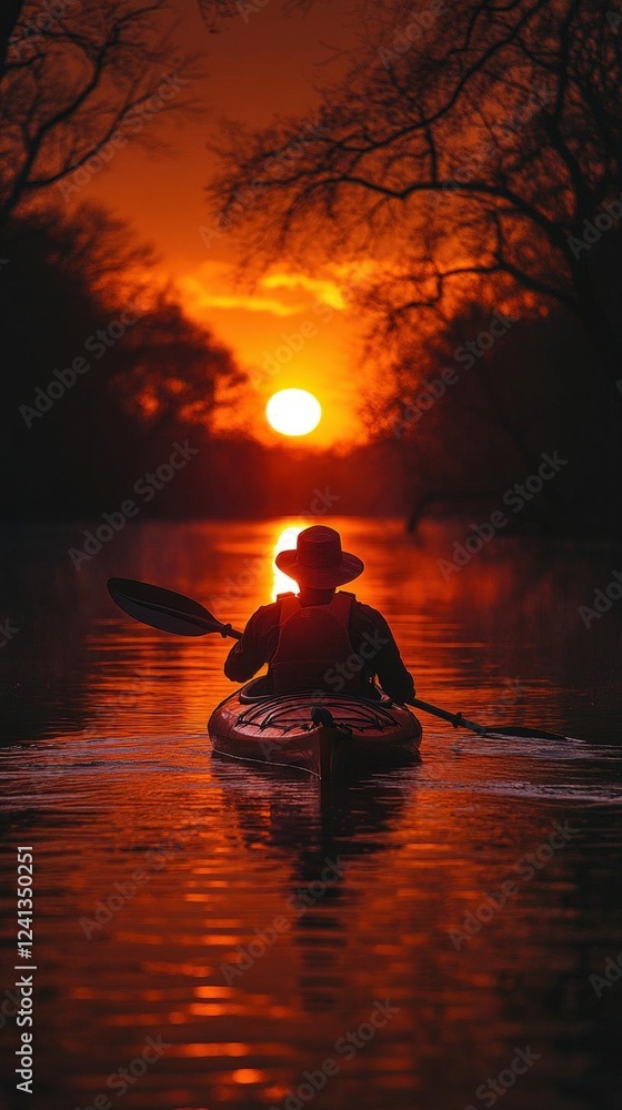 Silhouette of Kayaker Paddling on Calm River at Sunset Silhouette of Kayaker Paddling on Calm River at Sunset