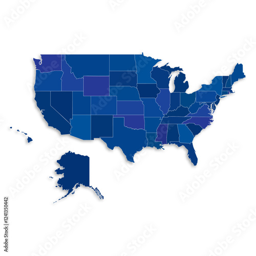 United States of America map with border highlighted regions, states, isolated on white background. Template map of USA. Detailed vector illustration.