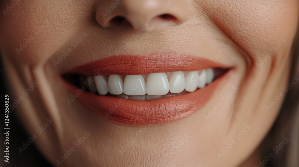 Fototapeta premium Close-up of a middle-aged woman's mouth showcasing vibrant coral lipstick and pristine white teeth enhancing her warm complexion and facial texture.