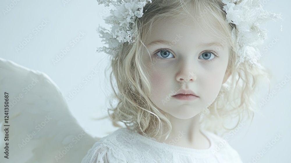 Young angelic child with curly blonde hair and blue eyes, wearing a floral headpiece and white lace attire, posing in a soft-lit studio setting. Young angelic child with curly blonde hair and blue eyes, wearing a floral headpiece and white lace attire, posing in a soft-lit studio setting.