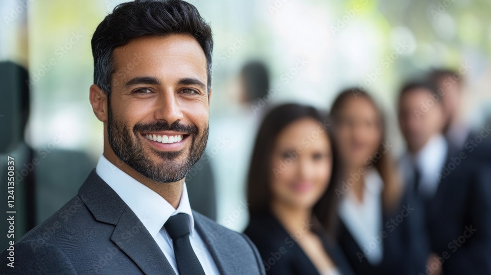 Confident Middle-Aged Man in Business Suit Smiling with Colleagues in the Background at Modern Office Setting Showcasing Professional Success and Teamwork Confident Middle-Aged Man in Business Suit Smiling with Colleagues in the Background at Modern Office Setting Showcasing Professional Success and Teamwork