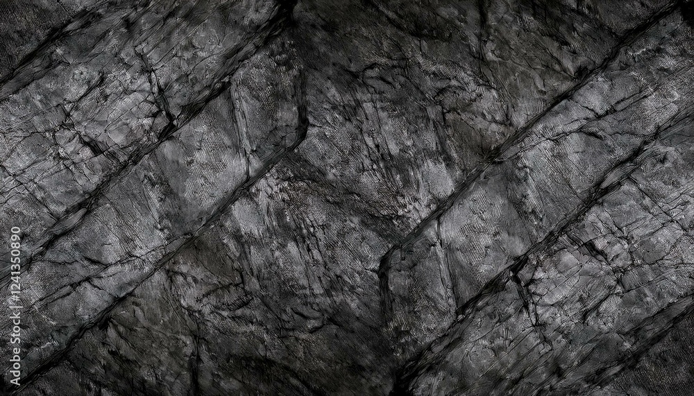 Black rock texture. Rough mountain surface with cracks. Close-up. Granite stone background with space for design. Web banner. Wide. Panoramic. Dark grey.