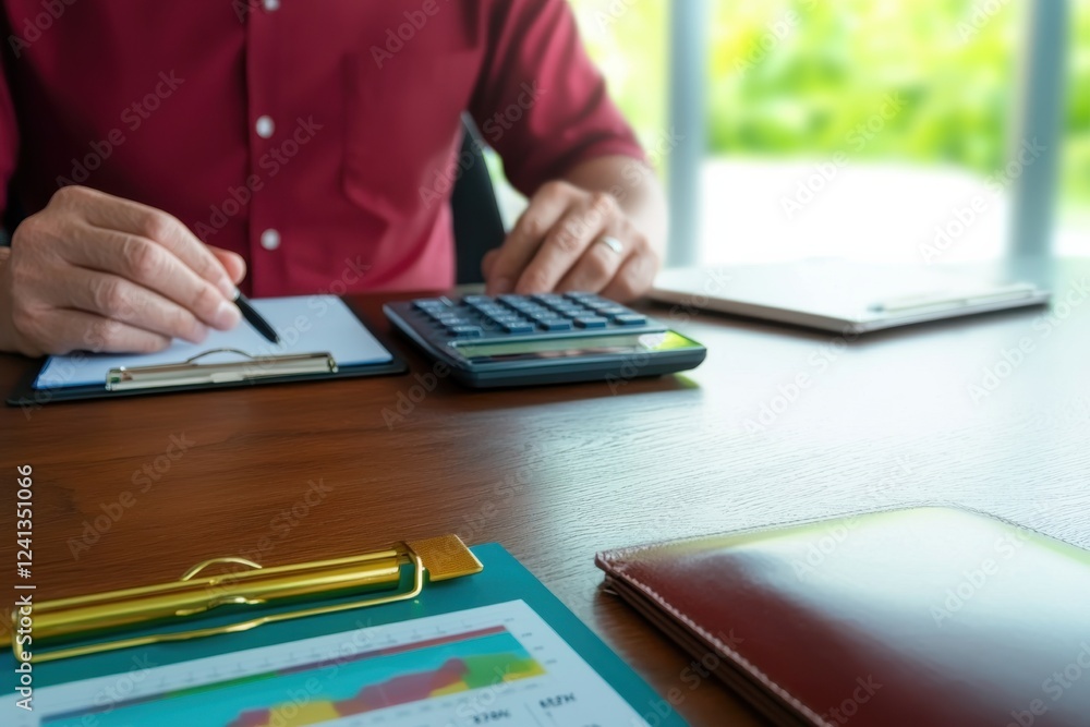 Person Using Calculator to Analyze Financial Data in Office Setting Person Using Calculator to Analyze Financial Data in Office Setting