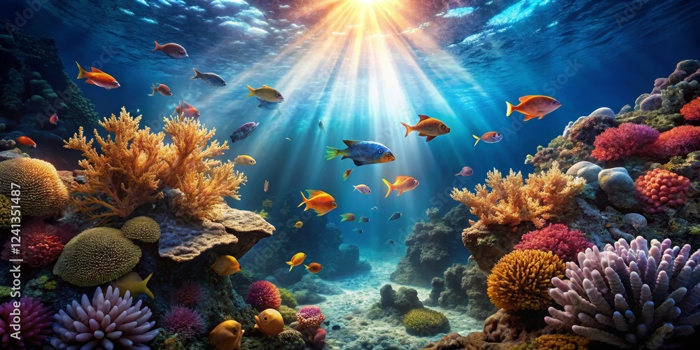 Obraz premium Vibrant Underwater Scene with Colorful Fish and Coral Reef
