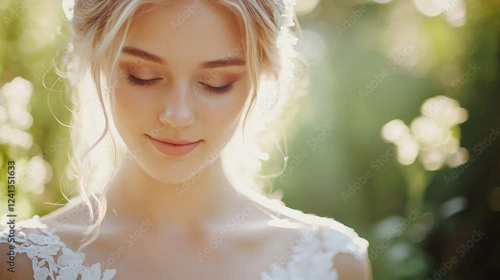 Fototapeta premium Blond bride with soft makeup and elegant white wedding dress, illuminated by sunlight in a lush green outdoor setting, capturing a serene moment.