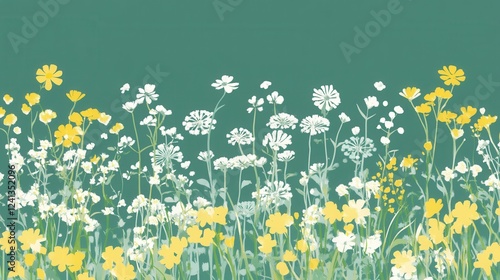 Beautiful Wildflower Meadow Print: Vibrant Yellow and White Flowers on a Teal Background