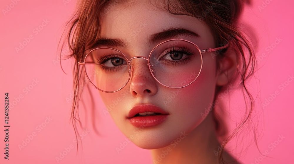 Fototapeta premium Portrait of a young woman with soft features wearing trendy round glasses on a vibrant pink background, showcasing youthful beauty and charm.