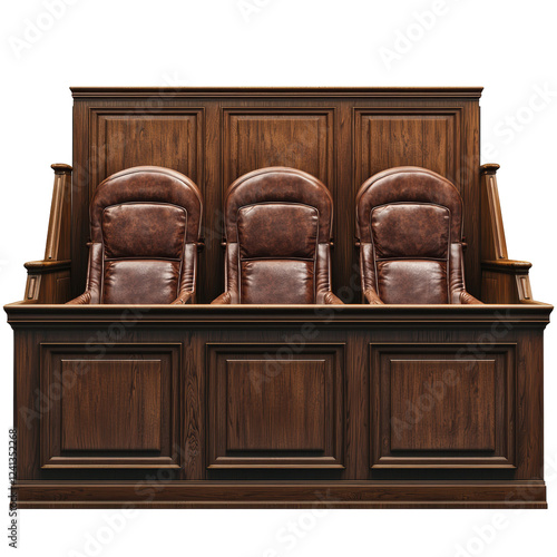 A wooden jury box featuring three plush chairs, designed for seating jurors in a courtroom setting.