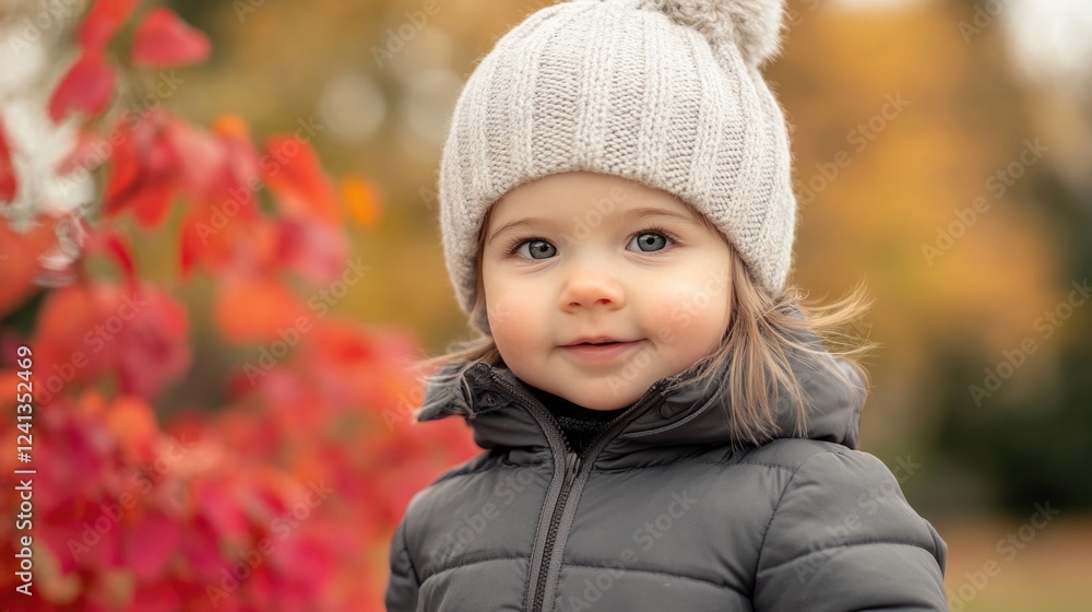 Cheerful toddler girl in warm gray jacket and knitted hat playing amidst vibrant red autumn leaves, enjoying outdoor activities in a fall park setting. Cheerful toddler girl in warm gray jacket and knitted hat playing amidst vibrant red autumn leaves, enjoying outdoor activities in a fall park setting.