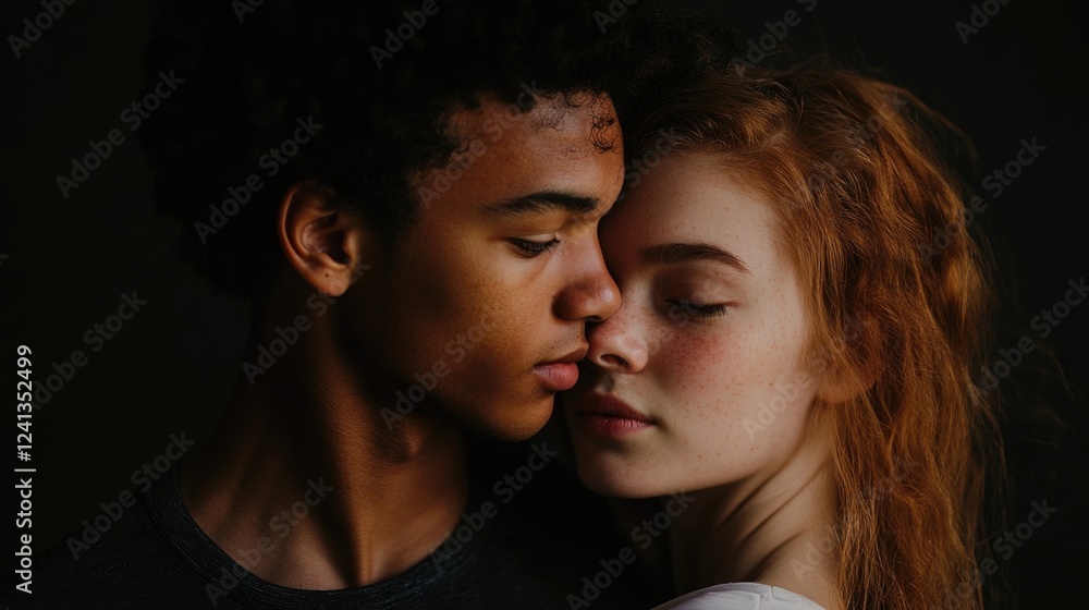 Intimate young couple embracing with closed eyes against a dark black background showcasing deep skin tones and vibrant red hair. Intimate young couple embracing with closed eyes against a dark black background showcasing deep skin tones and vibrant red hair.