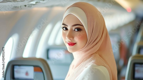 Professional stewardess showcasing elegant hijab fashion inside a modern airplane cabin with soft peach and cream colors, highlighting inclusivity and style. photo