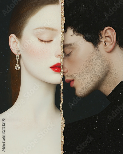 Medieval eternal love concept. Creative collage of the beautiful young woman and man using mix of different techniques. Close up portrait. Avant-garde postcard, poster style