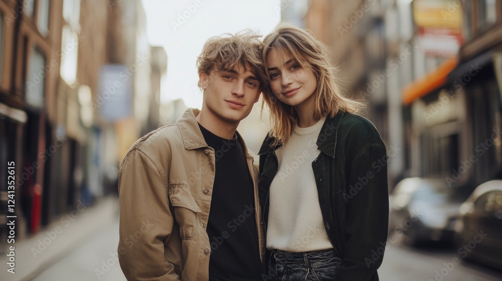 Young couple embracing in urban street setting with soft sunlight, wearing trendy outfits, casual style, joyful expressions, autumn colors in backdrop. Young couple embracing in urban street setting with soft sunlight, wearing trendy outfits, casual style, joyful expressions, autumn colors in backdrop.
