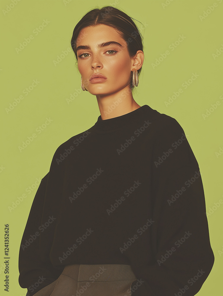 Fototapeta premium Female fashion concept. Portrait of a handsome american young model wearing designer clothes and posing on willow green background. Catalogue, campaign style. Studio shot