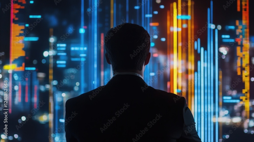 Fototapeta premium Businessman wearing a black suit analyzing colorful financial performance graphs on a modern computer screen in a high-tech office environment at night