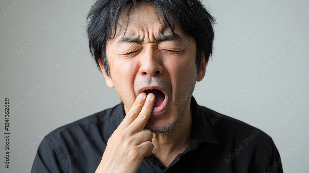 Japanese man expressing discomfort while yawning and covering his mouth to indicate bad breath in a neutral studio setting. Japanese man expressing discomfort while yawning and covering his mouth to indicate bad breath in a neutral studio setting.