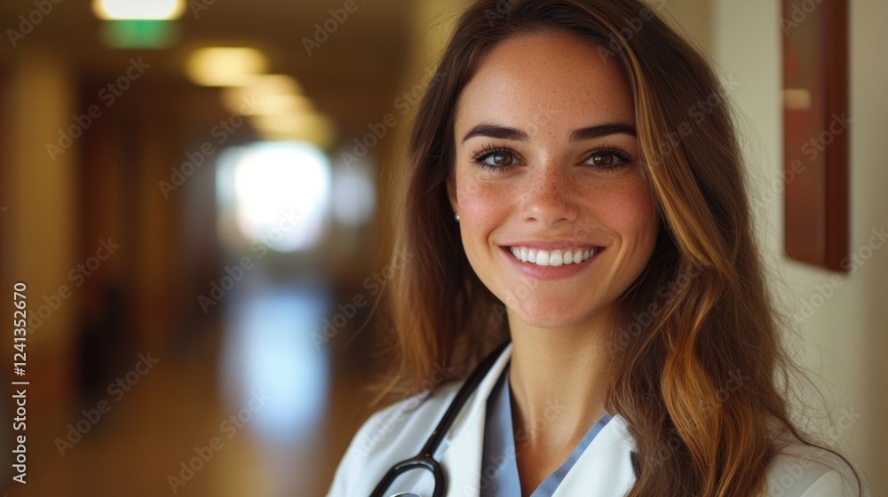 Fototapeta premium Young female doctor with long hair wearing a stethoscope, smiling confidently in a well-lit hospital corridor with soft beige tones.