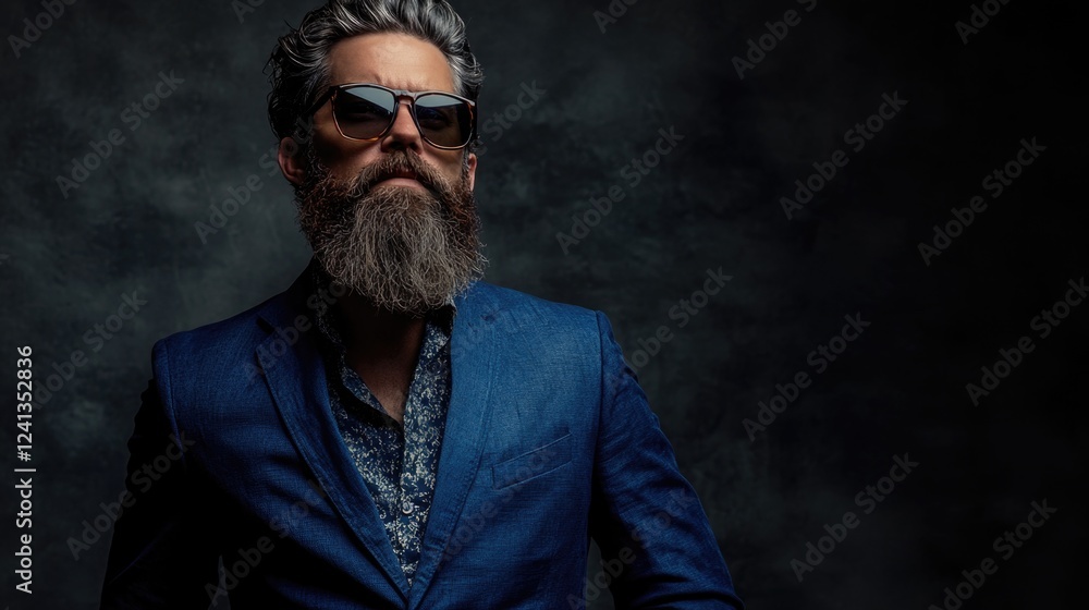 Fototapeta premium Bearded middle-aged man with sunglasses wearing a vibrant blue jacket and patterned shirt against a dark grey studio background showcasing confidence and style.