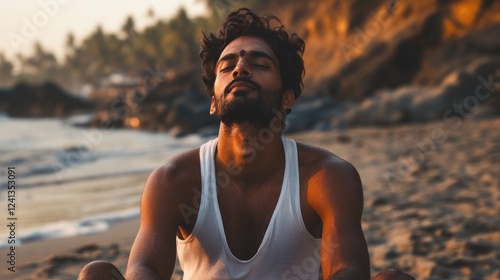handsome young man meditating on sandy beach at sunset with ocean waves and palm trees in the background capturing serenity and tranquility