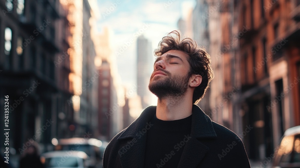 Fototapeta premium Young man with tousled hair standing peacefully on an urban street, eyes closed, basking in warm sunlight with city buildings in the background.