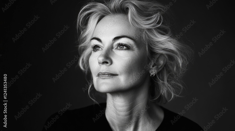 Elegant black and white portrait of a 50-year-old woman with wavy silver hair showcasing grace and poise against a soft gray backdrop. Elegant black and white portrait of a 50-year-old woman with wavy silver hair showcasing grace and poise against a soft gray backdrop.