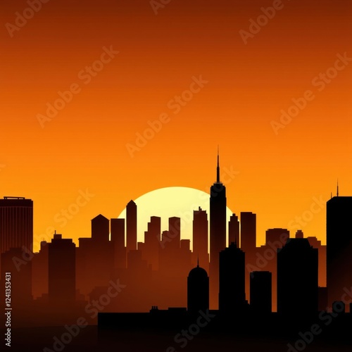 Abstract illustration of a city skyline at dusk highlighting skyscrapers against a colorful sunset background silhouetted skyline cityscape architecture illustration building city vector