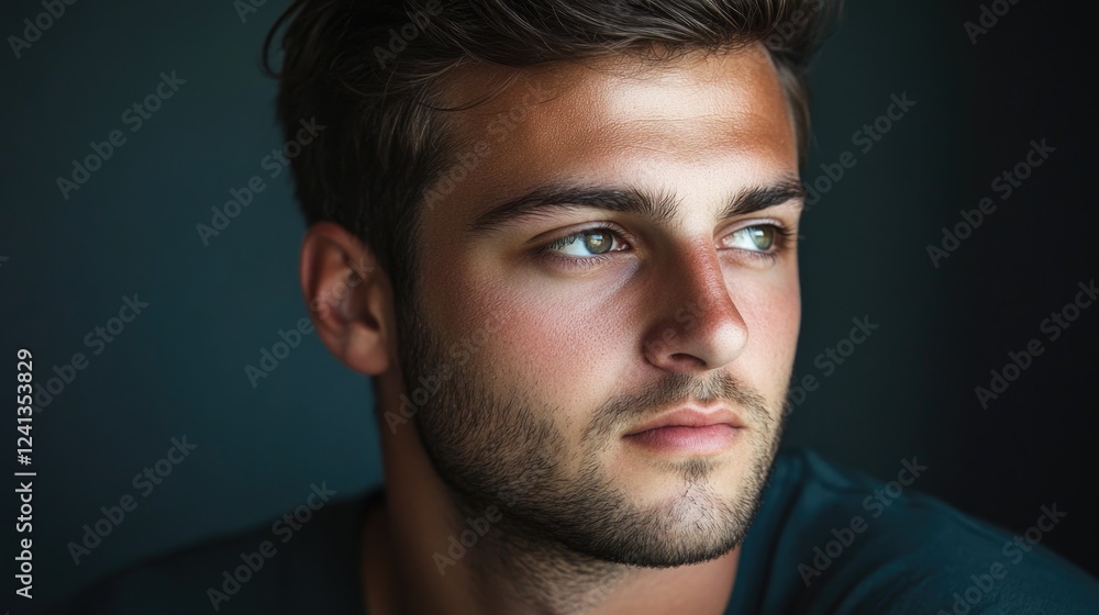 Young handsome Caucasian man with stylish hair and a thoughtful expression in a casual setting, showcasing sophisticated fashion against a dark background. Young handsome Caucasian man with stylish hair and a thoughtful expression in a casual setting, showcasing sophisticated fashion against a dark background.