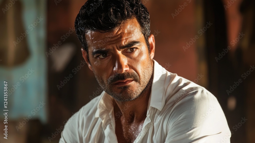 A serious-looking man in a fitted white shirt gazing forward with intense expression in a rustic indoor setting featuring warm tones and soft lighting. A serious-looking man in a fitted white shirt gazing forward with intense expression in a rustic indoor setting featuring warm tones and soft lighting.