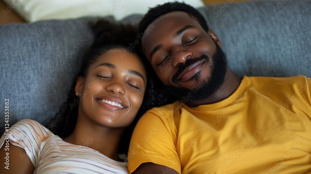 Relaxing young couple with closed eyes enjoying quality time together on a cozy gray sofa at home in warm colors and soft lighting Relaxing young couple with closed eyes enjoying quality time together on a cozy gray sofa at home in warm colors and soft lighting