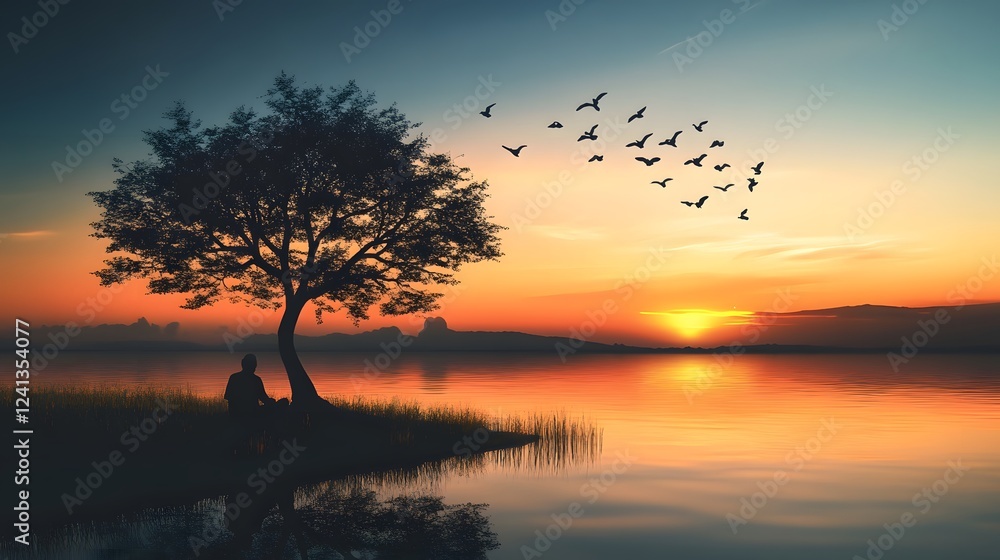 A tree in the middle of a body of water, birds flying above it, with a sunset in the background
A tree in the middle of a body of water, birds flying above it, with a sunset in the background
