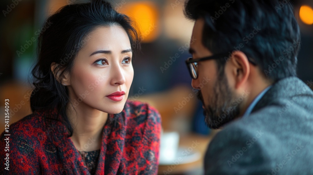 Naklejka premium Focused Asian woman and serious bearded man engaged in a business meeting indoors, warm tones in a cozy cafÃ© setting, conveying professionalism and intent.