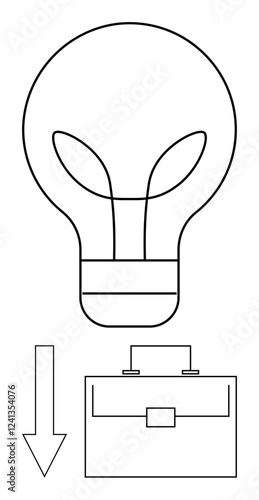 Light bulb with downward arrow pointing to briefcase conveys idea execution, innovation, solution development, creativity, growth, productivity, work focus. Ideal for business, strategy abstract