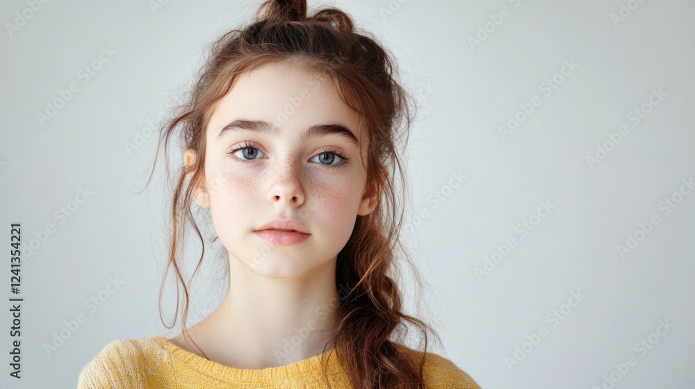 Serene Portrait of a Young Female Teenager with Freckles and Long Wavy Hair in a Soft Yellow Sweater Against a Light Neutral Background Serene Portrait of a Young Female Teenager with Freckles and Long Wavy Hair in a Soft Yellow Sweater Against a Light Neutral Background