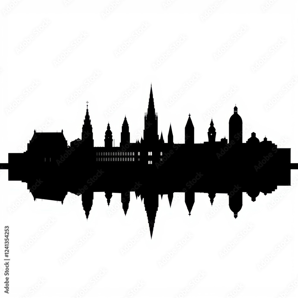 Fototapeta premium Silhouettes of people stand before a giant globe looking out at a city skyline silhouetted skyline cityscape architecture illustration building city vector