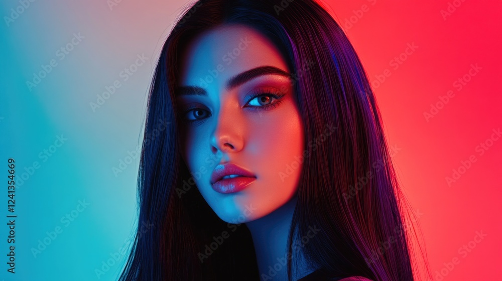 Portrait of a young woman with long dark hair showcasing vibrant makeup against a gradient blue and red background highlighting her facial features. Portrait of a young woman with long dark hair showcasing vibrant makeup against a gradient blue and red background highlighting her facial features.