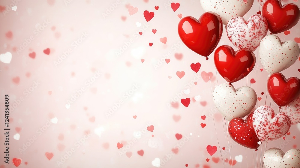 Elegant Valentine's Day design showcasing red and white heart-shaped balloons with confetti details, set against a soft pastel background. Ideal for romantic promotions, events, and festive celebratio Elegant Valentine's Day design showcasing red and white heart-shaped balloons with confetti details, set against a soft pastel background. Ideal for romantic promotions, events, and festive celebratio
