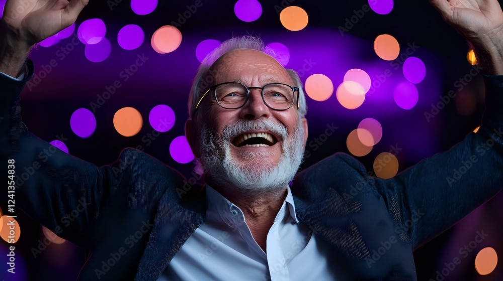 Joyful senior Caucasian man with gray beard and glasses laughing with arms raised against purple and orange bokeh lights background, expressing genuine happiness. Joyful senior Caucasian man with gray beard and glasses laughing with arms raised against purple and orange bokeh lights background, expressing genuine happiness.
