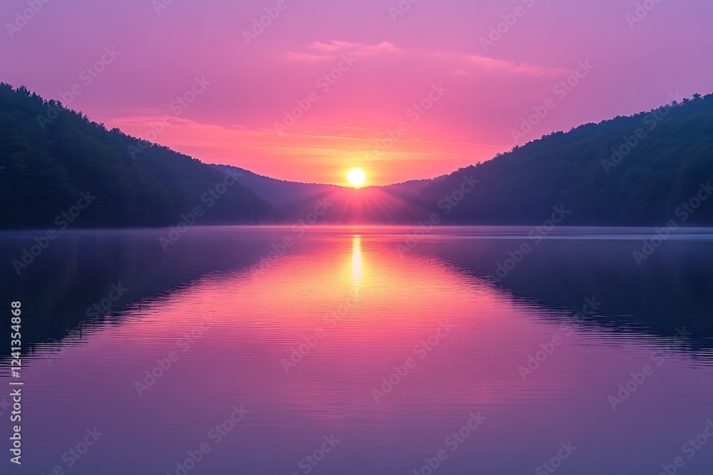Fototapeta premium Serene Sunrise Over Calm Lake Between Mountains